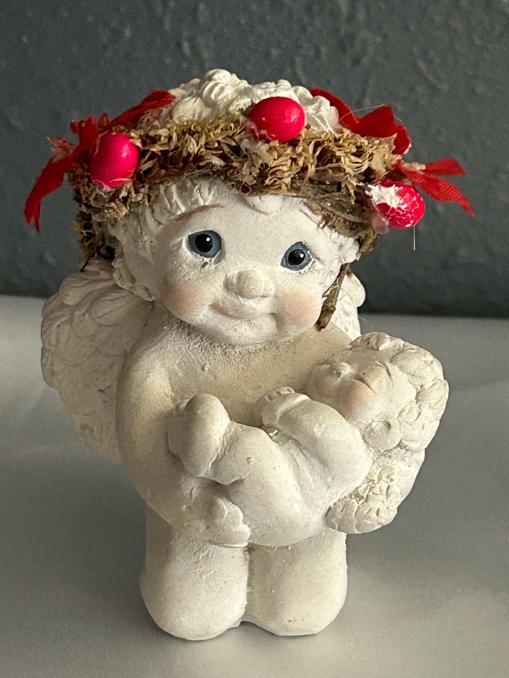 Decorative White Cherub Figurine with Red Garland - Home Art Ceramics